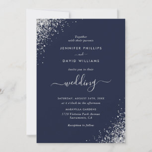 Modern Script Silver Glitter Navy Blue Wedding Kaart