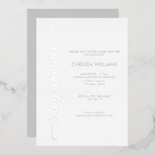 Modern Script Silver Real Folie Baby shower Uitnodiging