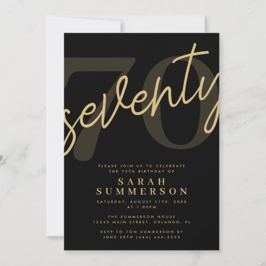 Modern Script Sixty Black Gold 70th Birthday Party Kaart (Voorkant)