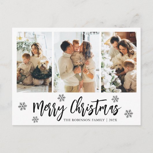 Modern Script Snowflake 3 Photo Collage Kerstmis Briefkaart (Voorkant)