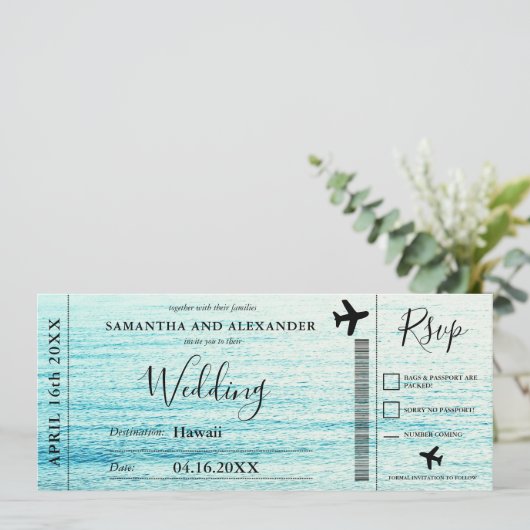 Modern script strandvliegtuig boarding pass bruilo kaart (Staand voorkant)
