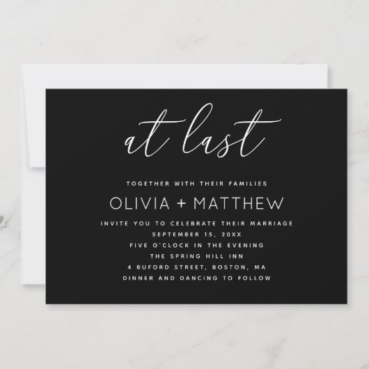 Modern Script Trouwkaart + QR Code | Zwart Minimal Kaart (Voorkant)
