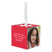Modern Script Twee Foto Sneeuwvlok Kerst Rood Kubus Ornament (Achter hoekig)