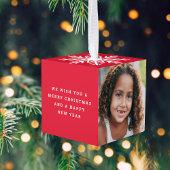 Modern Script Twee Foto Sneeuwvlok Kerst Rood Kubus Ornament