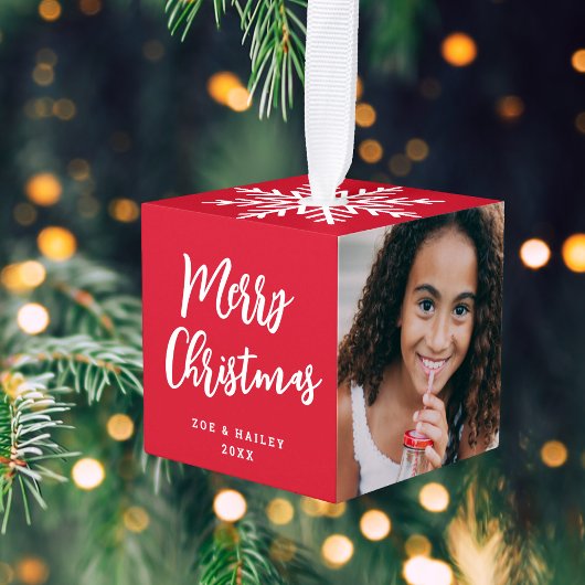 Modern Script Twee Foto Sneeuwvlok Kerst Rood Kubus Ornament
