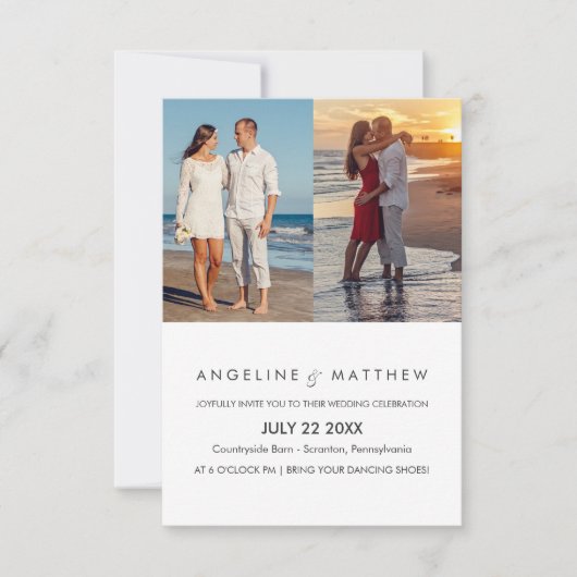 Modern Script Two Photo Wedding Invitation Kaart (Voorkant)