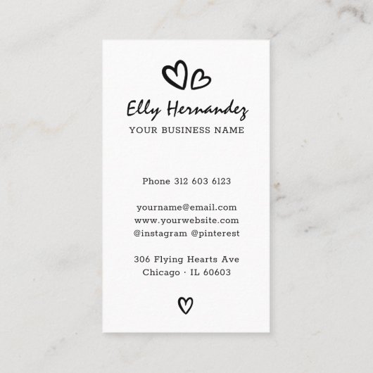 Modern Script Typewriter Harten Zwart Verticaal Visitekaartje (Achterkant)