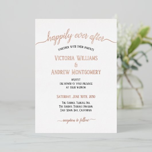 Modern Script Typography Roos Gold Wedding Folie Uitnodiging (Staand Voorkant)