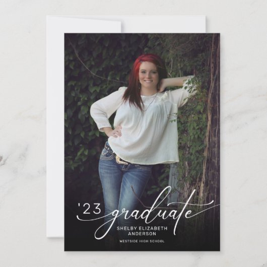 Modern Script Vertical Photo Afstuderen Kaart (Voorkant)