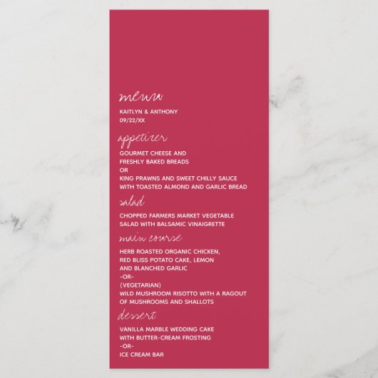 Modern Script Viva Magenta minimalistisch huwelijk Menu (Voorkant)