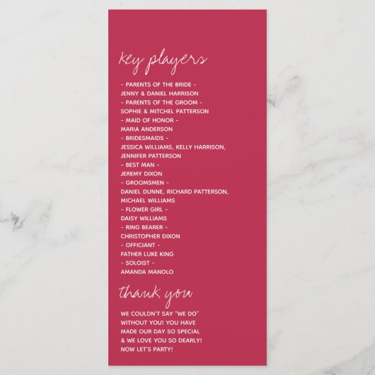 Modern Script Viva Magenta minimalistisch huwelijk Programma (Achterkant)