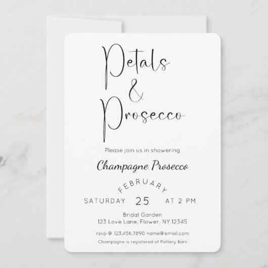 Modern Script Vrijgezellenfeest Petals en Prosecco Kaart (Voorkant)