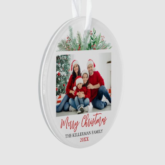 Modern Script Vrolijk Kerstfeest Familie Foto Orna Ornament (voorkant)