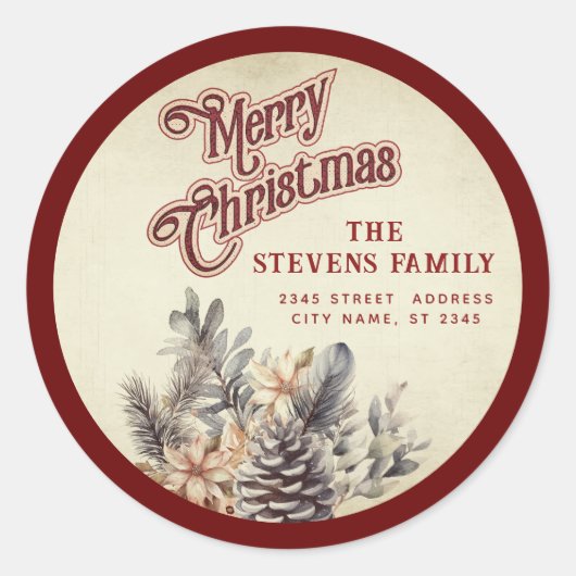 Modern script Vrolijk kerstgrenen kegel bloemig Ronde Sticker (Voorkant)