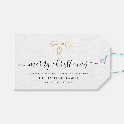 Modern Script Vrolijk Kerstmisgoud Mistletoe Cadeaulabel (Voorkant (Horizontaal))