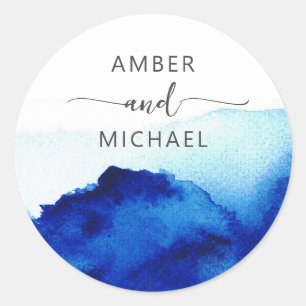 Modern Script Waterverf Indigo Blue Envelope Seal Ronde Sticker