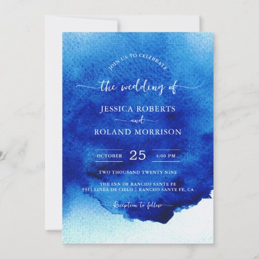 Modern Script Waterverf Indigo Blue Wedding Kaart (Voorkant)