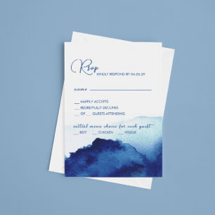 Modern Script Waterverf Indigo Blue Wedding RSVP Kaartje