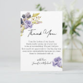 Modern script waterverf paarse bloemenbruiloft bedankkaart (Staand voorkant)