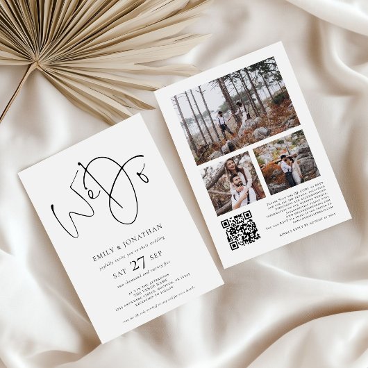 Modern script We doen 3 foto's QR-code bruiloft Kaart