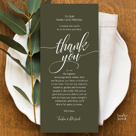 Modern Script Wedding Guest Dinner Dank u kaart