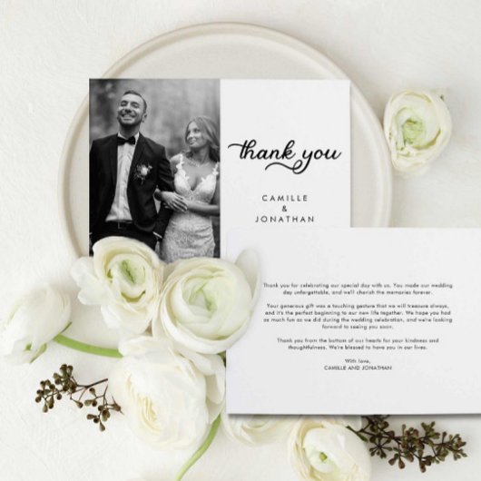Modern Script Wedding Photo Dank u kaart