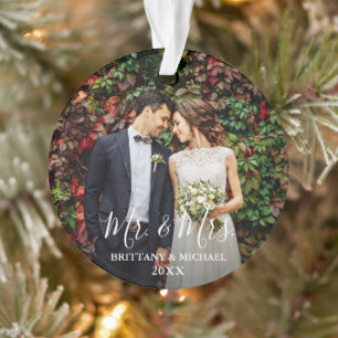 Modern Script Wedding Photo Mr. & Mrs. Ornament