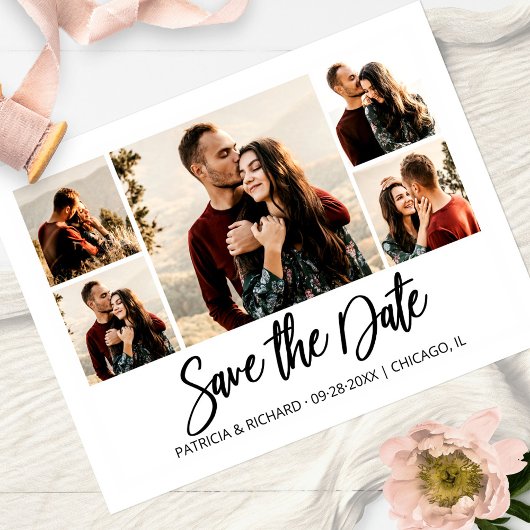 Modern Script Wedding Save the Date Photo Collage Briefkaart