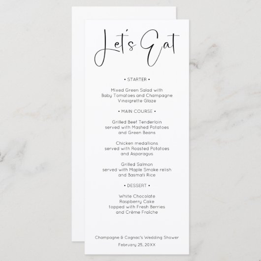 Modern Script Wedding Vrijgezellenfeest Menu (Voorkant / Achterkant)
