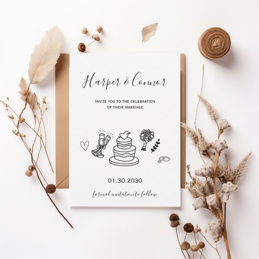 Modern Script Wedding with Minimal Line Art Kaart