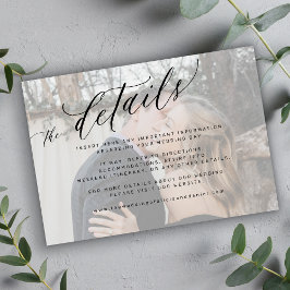 Modern script white faded photo wedding details informatiekaartje