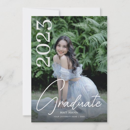 Modern Script White Photo Afstuderen Kaart (Voorkant)