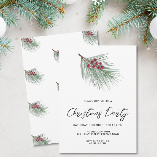 Modern Script Winter Berries Pine Christmas Party Kaart