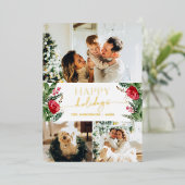 Modern Script Winter Botanical 3 Foto Goud Folie Feestdagenkaart (Staand Voorkant)