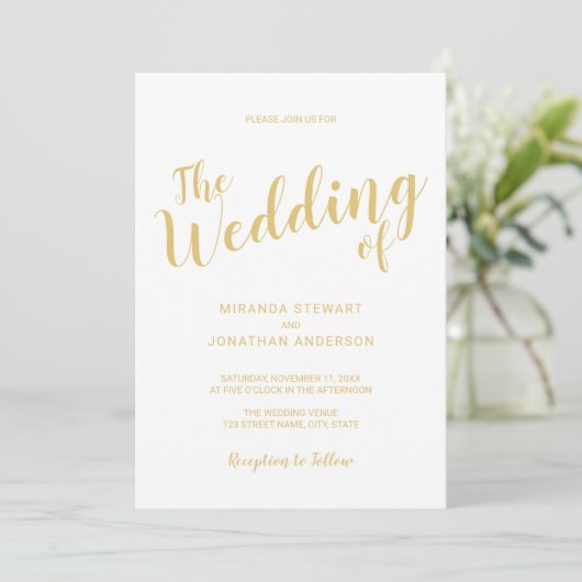 Modern Script Wit en Goud Bruiloft Kaart (Staand voorkant)