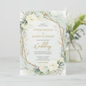 Modern script witte rozen eucalyptus bruiloft kaart (Staand voorkant)