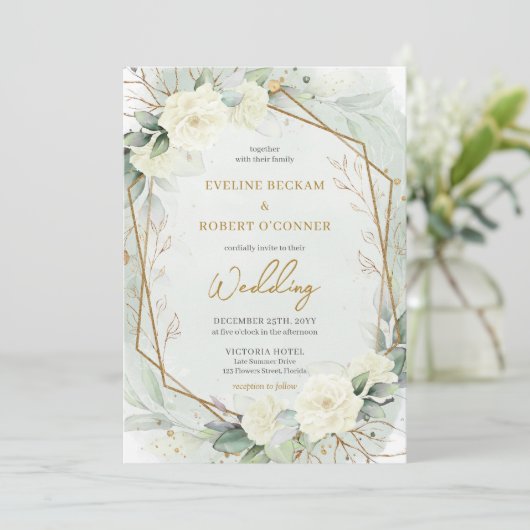 Modern script witte rozen eucalyptus bruiloft kaart (Staand voorkant)