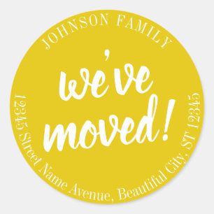 Modern Script Yellow We hebben Nieuw adres verplaa Ronde Sticker