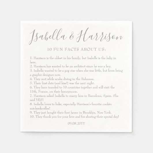 Modern Script Zilver Leuke Feiten Trouwservetten Servet (Voorkant)