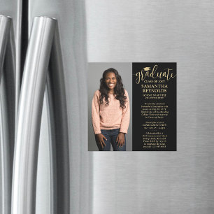 Modern Script Zwart en Goud 1 Foto Afstuderen Magnetische Uitnodiging
