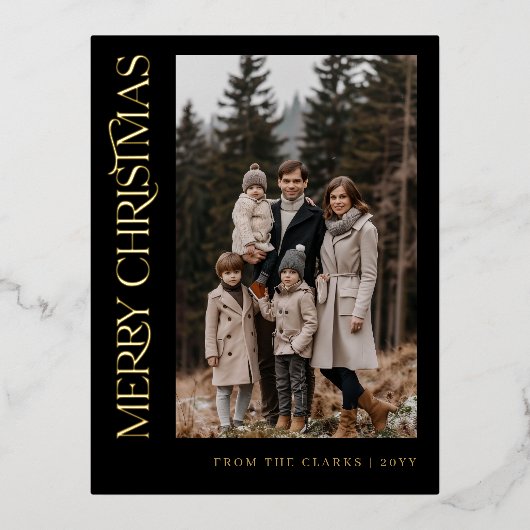 Modern Script Zwart en Goud Foto Kerstmis Folie Feestdagen Briefkaart (Voorkant)