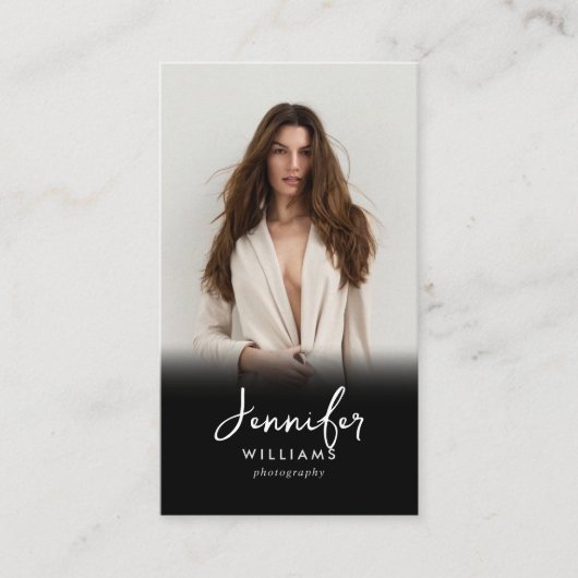 Modern Script Zwart Foto QR Code Fotograaf Visitekaartje (Voorkant)