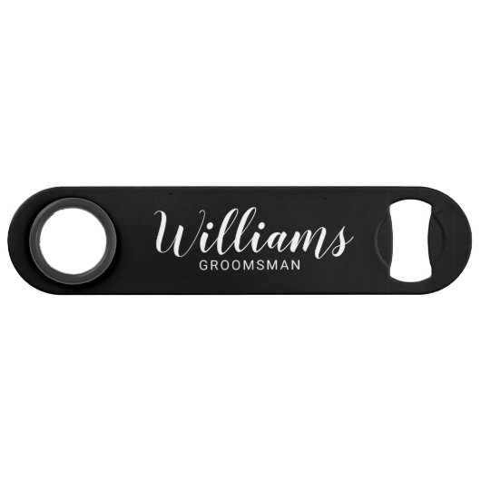 Modern Script Zwart Gepersonaliseerde Groomsmen Speed Flessenopener (Voorkant (Horizontaal))