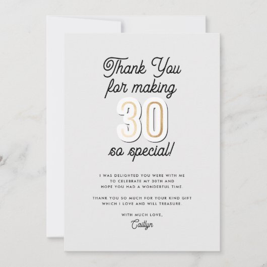 Modern Script Zwart & Goud 30e verjaardag Bedankkaart (Voorkant)