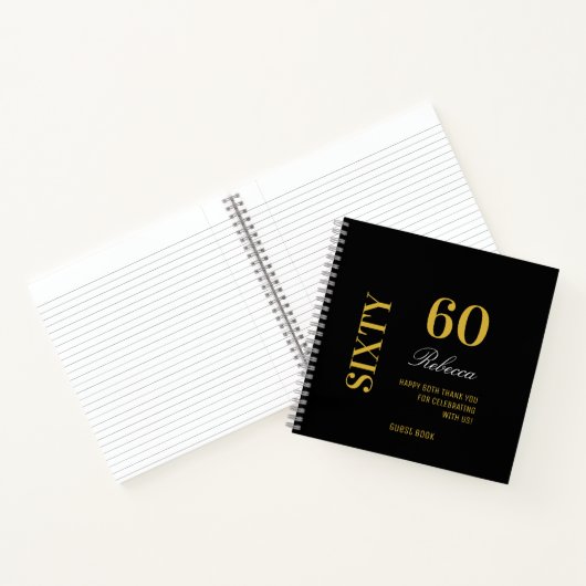 Modern Script Zwart Goud 60e Verjaardag Gast Notitieboek (Binnen)