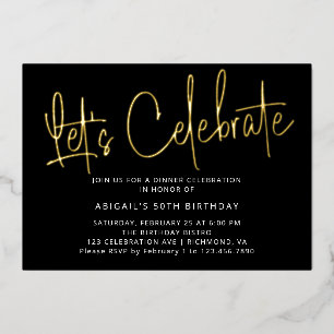 Modern Script Zwart Goud Verjaardag Vieren Feest Folie Uitnodiging