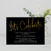 Modern Script Zwart Goud Verjaardag Vieren Feest Folie Uitnodiging (Staand Voorkant)