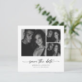 Modern Script Zwart & Wit 3 Foto Save the Date (Staand voorkant)