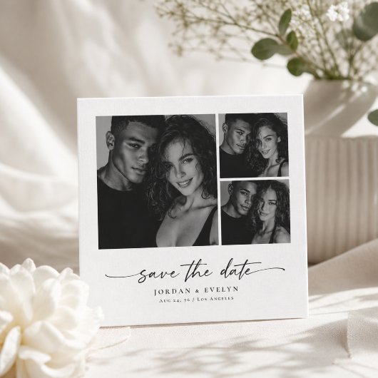 Modern Script Zwart & Wit 3 Foto Save the Date
