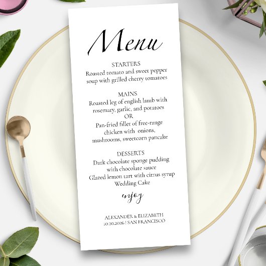 Modern Script Zwart & Wit | Bruiloft Menu Kaart